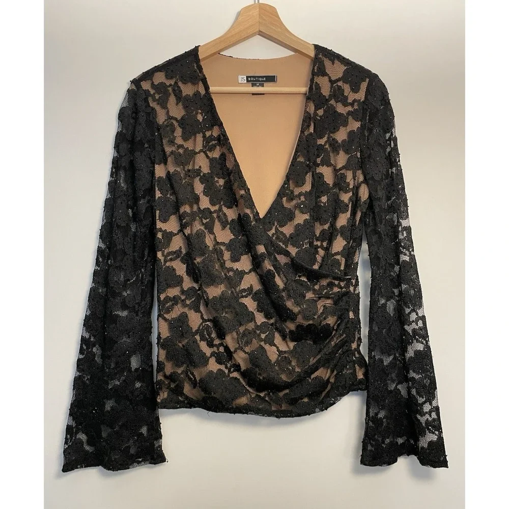 JS BOUTIQUE Lace Overlay Blouse M Sequins Faux-Wrap Mesh Top Evening Romantic - Picture 3 of 14